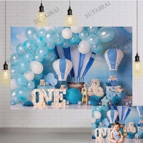Newborn Boy Bear Portrait Backdrop Photo Studio Blue Balloons Hot Air Balloon Background One Birthday Cake Smash Photography