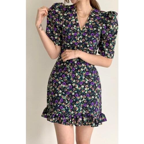 Summer Elegant Woman Retro Chiffon High Waist Ruffled Puff Sleeve Sheath Bodycon Mini Floral Dress Vestido De Mujer