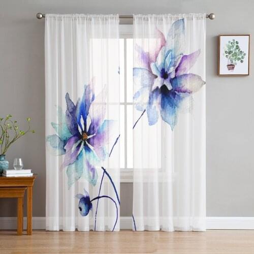 Watercolor Flower Blue White Sheer Curtains for Living Room Modern Voile Curtain Bedroom Tulle Curtains Window Drapes Decor