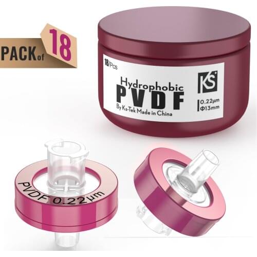 Syringe Filters PVDF Membrane 0.22μm Pore Size,13mm Diameter,hydrophobic,18Pcs by Ks-Tek