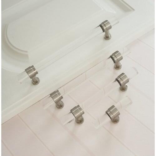 3.75" 5" 6.3" Acrylic Drawer Pull Handle T-shaped Silver Zinc Alloy Furniture Cabinet Knobs Wardrobe Closet Handle 96 128 160mm