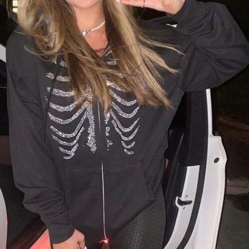 Hip Hop Streetwear Women Hoodie Long Sleeve Zip Bone Print Solid Oversized Hoodie New Spring Autumn Vogue Casual Hoodies