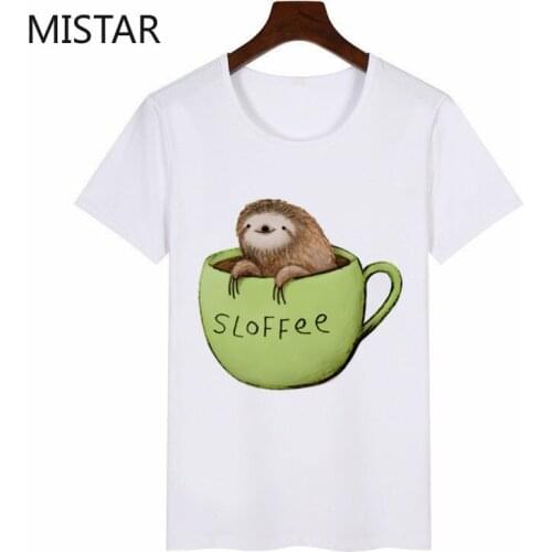 Sloffee Sloth Coffee Printed Graphic Tees Women Cute Cartoon T-Shirt Short Sleeves O-Neck Tshirt Casual White Tops Tee Female
