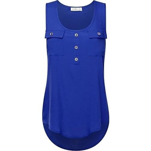 Plus Size Women Solid Color Scoop Neck Sleeveless Pockets Buttons Tank Top Vest Loose Ladies Blouse Top
