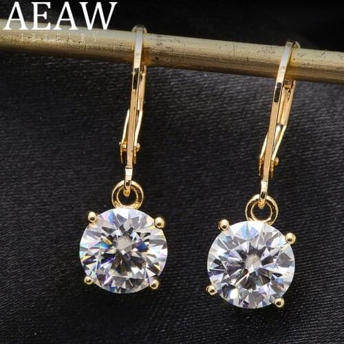 100% Au585 Yellow Gold 14k Moissanite Gemstone Drop Earrings 4.0CT 10MM Round for Women Solitaire Party Fine Jewelry