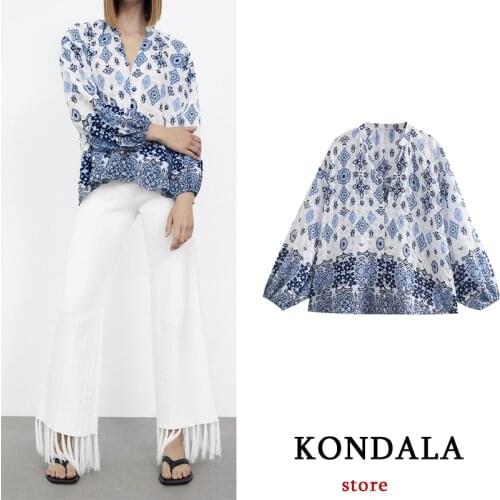 KONDALA Za Women Pattern Printed Loose Shirts V-Neck 100% Cotton Soft Fabric Single Button Elegant Blouses Casual Mujer Tops