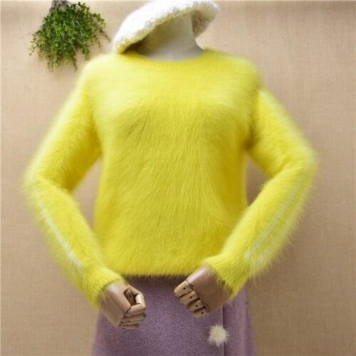 Top mujer women hairy plush mink cashmere knitted long sleeves slim blouses pullover angora fur winter jumper underwear sweater