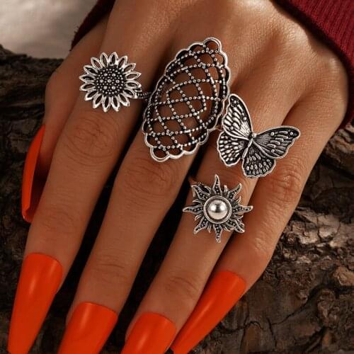 2021 4PCS/set Goth Vintage butterfly Ring Set for Women gothic Daisy Flower Sun Retro Finger Ring Female adjustable Ring jewelry