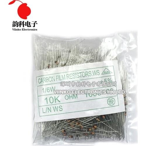 1000pcs 1/6W Carbon Film Resistor 5% 1R ~ 10M 0R 10R 100R 220R 330R 1K 2.2K 3.3K 4.7K 10K 22K 47K 100K 1M 0 10 100 220 330 ohm