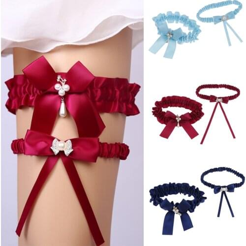 2x Ladies Bow Leg Garter Stretch Crystal Pearls Satin Thigh Ring Leg Harness