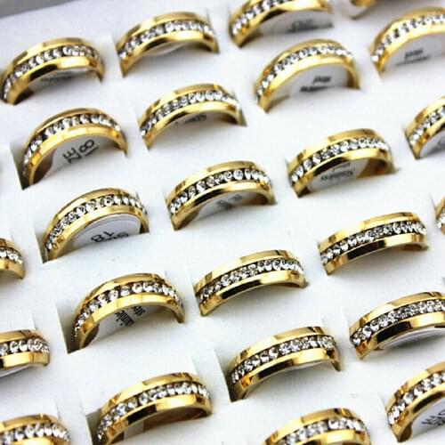 30pcs Mix Lots Gold color one row Rhinestone Stainless Steel Rings wedding band