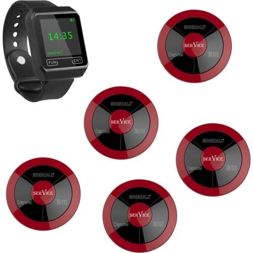 SINGCALL Wireless Waiter Call Bell System, 5 Waterproof Pagers with Three Keys and 1 Black APE6800 Mobile Watch Receiver