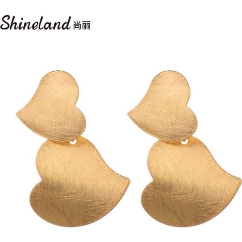 Shineland Punk Gold Color Metal Double Heart Drop Earrings Handmade Drawing Unique Design Trendy Jewelry Bijoux For Women Gift