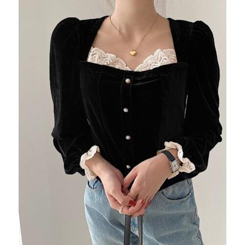 French Vintage Fashion Square Neck Women Velvet Blouse Lace Collar Long Sleeve Chic Woman Tshirts Women Tops 2021 Brand New