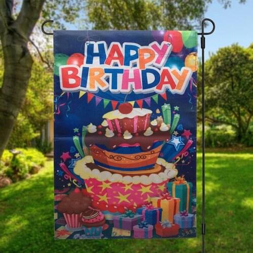 Double-sided Happy Birthday Cake Garden Flag Banner with Windproof Rubber Stopper Clip 12''x18'' 30x45cm