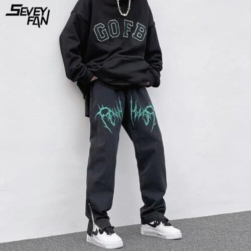 Mens Hip Hop Baggy Jeans Letter Printed Oversized Streetwear Harajuku Black Zipper Denim Pants Skateboard Dancer Jean Trousers