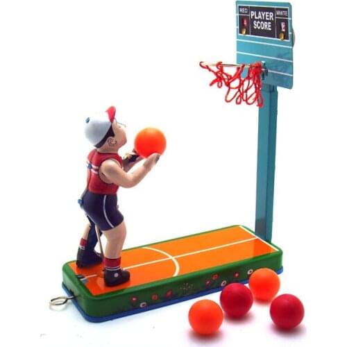 [Fun] Adult Collection Retro Wind up toy Metal Tin Basketball player shooting basketball stand Clockwork toy figures model gift