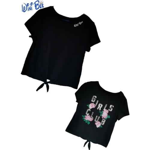 2020Summer 8 10 12 14 16Y Girls T-Shirt Print Sequins Fashion Girl Top Kids Casual Tee Short Sleeve Black Cotton Girls Clothes