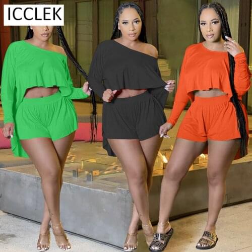 ICCLEK Wholesale Items Plus Size Summer Women Fashion Casual Loose Bat Top Shorts Two-piece Suit