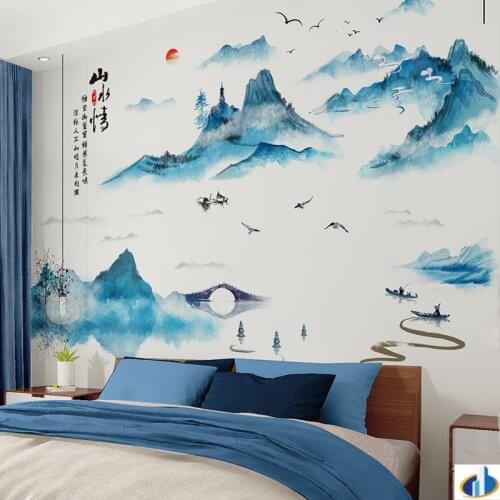 Chinese Ink Painting Landscape Wall Stickers Home Decor Vintage Art Poster Decals Home Living Room Decoration Teenager Aesthetic