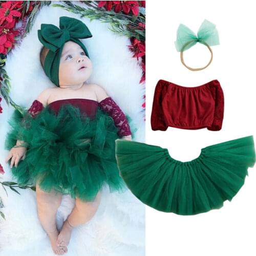 Cute Newborn Infant Baby Girls Christmas Clothes Sets Off Shoulder Top+Lace Tutu Skirt Headband 3pcs Xmas Party Outfit