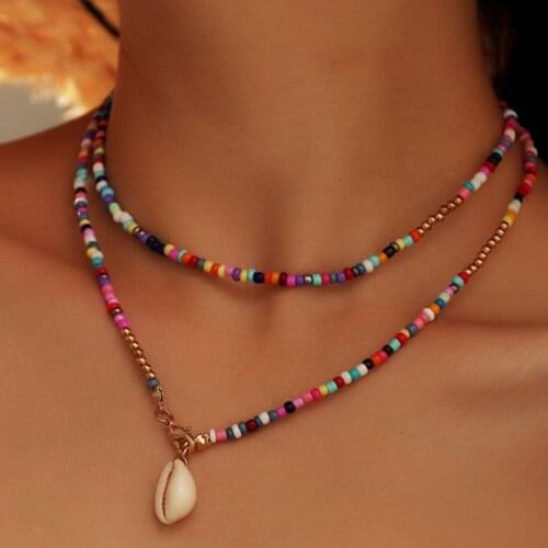 Trendy Bohemian Colorful Bead Shell Necklace for Women Summer Short Beaded Collar Clavicle Choker Necklace Female Jewelry