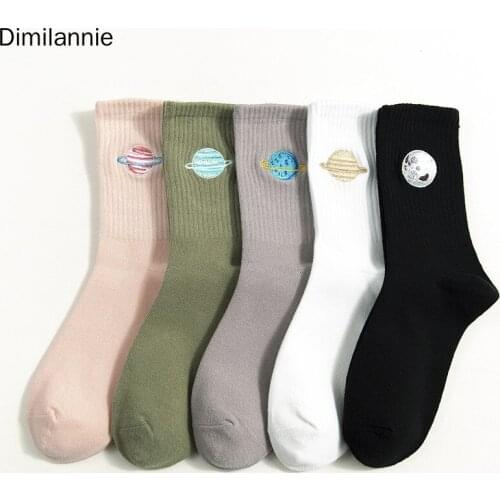 New autumn winter women socks Japanese cartoon embroidery planet astronaut rocket space patterned cotton unisex socks couple sox