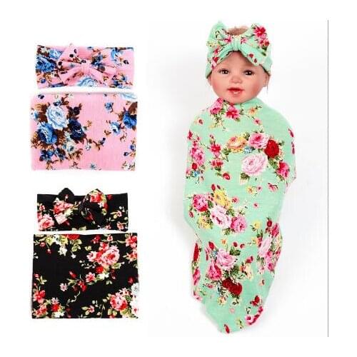 New tot swaddle blanket and bowknot headband set floral girls blanket kids photography props muslin bud swaddle wrap