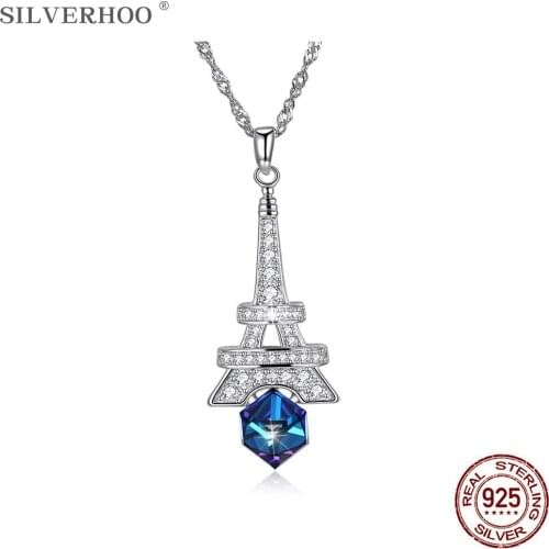 SILVERHOO Necklace 925 Sterling Silver Eiffel Tower Pendant Women Necklaces Geometric Austria Crystal Romantic Anniversary Gift