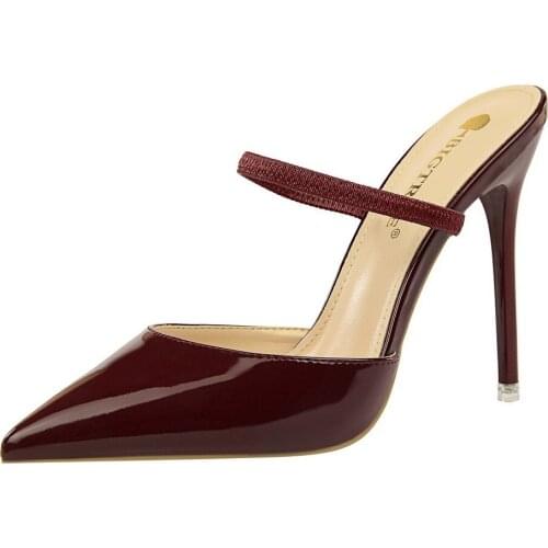 Simple Fine sandals women with High heel Patent leather Shallow mouth Pointed Sexy Thin Baotou Word Band Female slippers BIGTREE