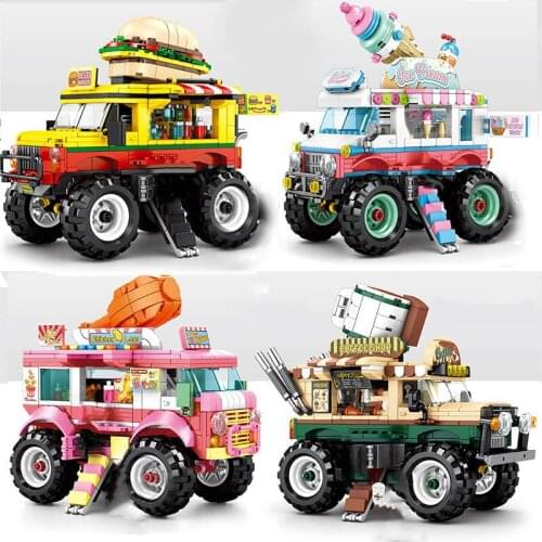 QIYE Mini Bricks City Street View Coffee Pizza Gourmet Shop Playmobil Figures Barber Clothes Store Building Blocks Toys Children