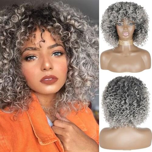 AZQUEEN Afro Kinky Curly Synthetic Wigs Short Curly Wig For Women With Bangs Mixed Black and Gray Wig for Black Women