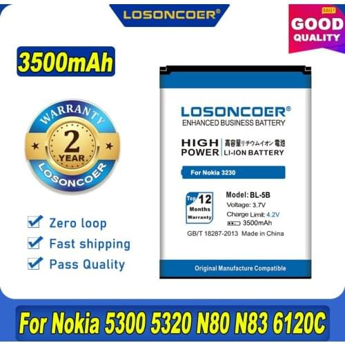 LOSONCOER 3200mAh BL-5B For NOKIA 5300 5320 7360 6120ci 3220 3230 5070 5500 6020 6021 N80 N83 6120 6021 5070 7260 7360 5140