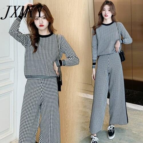 2021 Autumn And Winter New Fashion Houndstooth Lattice Jacquard Sweater Trousers Long-Sleeved Top Leisure Sports Two-Piece Suit