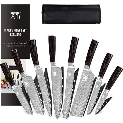 XYJ Japanese Kitchen Knife 8Pcs Knives Set Laser Damascus Pattern Chef Knife with Carry Case Bag