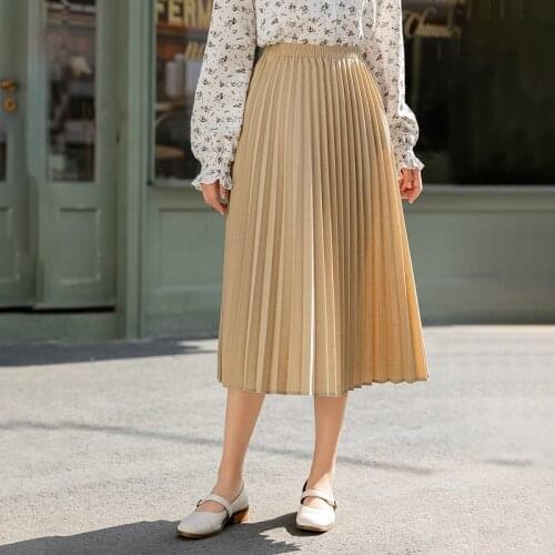 INMAN 2021 Spring New Arrival Pleated Khaki Color Show Thin Literature Art Retro A-Line Mid Length Womens Skirt