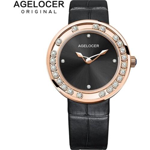 AGELOCER Diamond Watch For Women Swiss Luxury Brand Ladies Gold Sapphire Watch Analog Quartz Movt Unique Female Black Watch