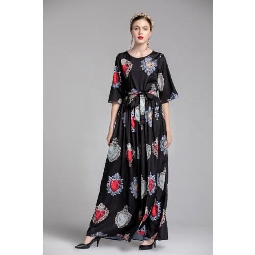 2019 Summer Black Boho Maxi Dresses For Women Half Sleeve Elegant Runway Dress Quality Fashions Print Flowy Dress Long