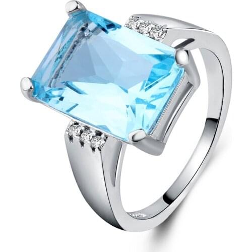 Luxury Sliver Rings for Women Crystal Blue Zircon Ring Wedding Female Square Ring Band Promise Engagement Love Jewelry Gifts