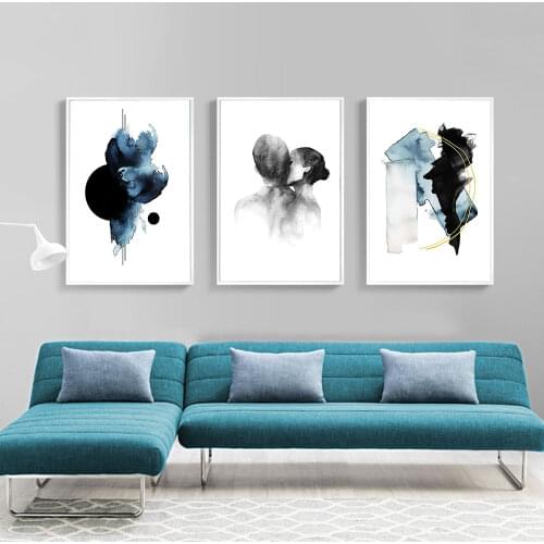 Abstract Poster Black and Blue Canvas Painting Wall Art Print Couples Kisse Nordic Picture For Living Room On The Wall Home Dec