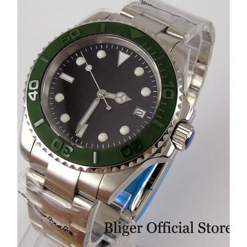 BLIGER Sterile Black Nologo Automatic 40mm Men Watch 24 Jewels NH35A SUB Case Green Insert Screwdown Crown Glide Lock