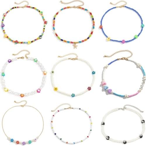 Ingemark Korean Irregular Imitation Pearl Choker Necklace For Women Cute Sweet Girls Multicolor Flower Beads Necklace Jewelry