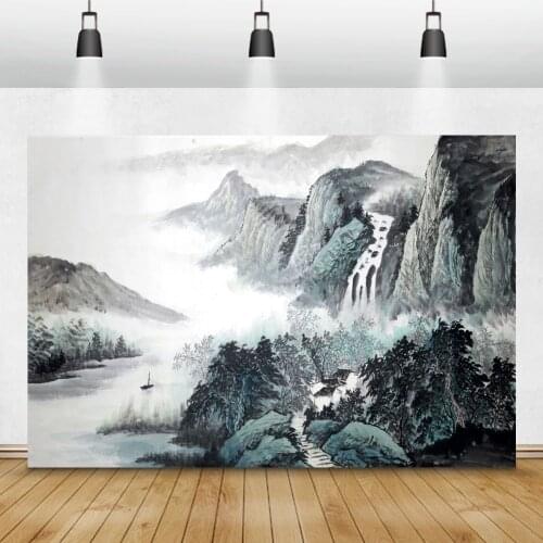 Laeacco Watercolor Painting Mountain Pattern Art Photography Backdrop Tree Boat Landscape Baby Photo Background For Photo Studio
