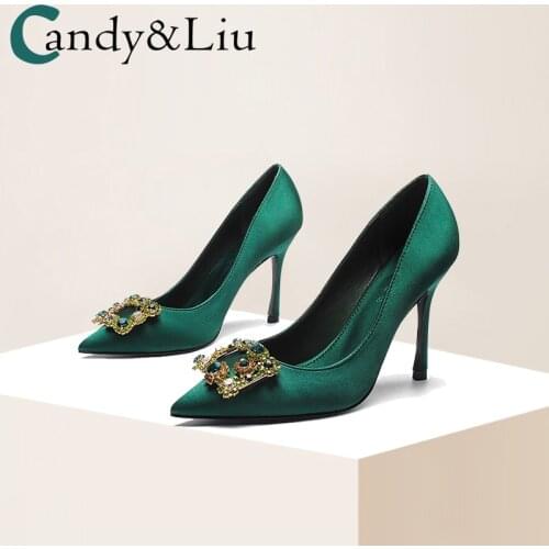 Emerald Green High-heeled Shoe 2021 Spring New Product Sexy Rhinestone 10cm Pointed Thin Heel Shallow Mouth Sleeve Womens Shoes
