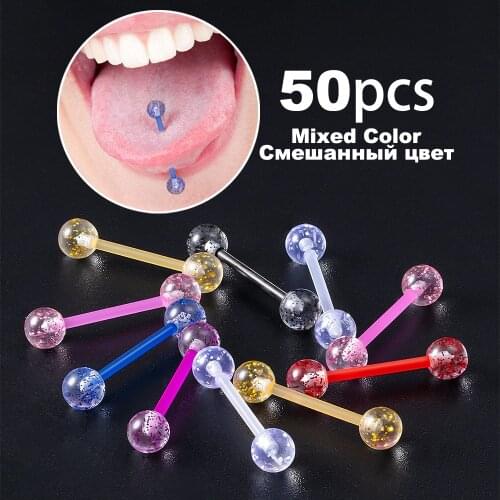 10/50Pcs Mixed Color Tongue Piercing Barbell Tongue Ring Acrylic Surgical Steel Nipple Rings Helix Piercing Ear Jewelry 14G
