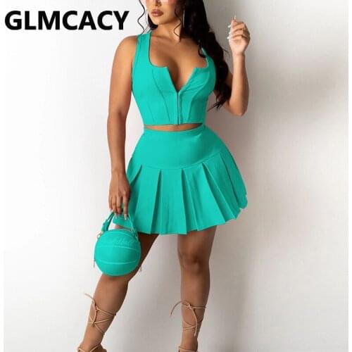 Two Piece Sweet Dress Suits Sleeveless Crop Top & Pleated Mini Skirt Set
