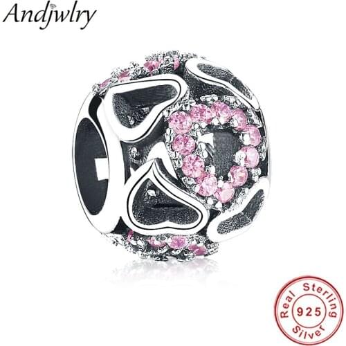 Fit Pandora Charms Bracelet 925 Silver Original Charms Love Heart Pink CZ Beads for Making DIY Women Jewelry Berloque