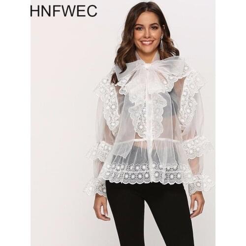 Summer New Perspective Casual Sexy Long Sleeve Shirt Bodice Organza Ribbon Necklace Women Lady Black And White A048