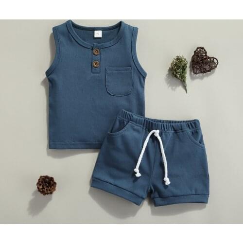 2 Pcs Newborn Summer Outfits, Baby Solid Color Round Neck Tank Tops with Pocket + Drawstring Shorts