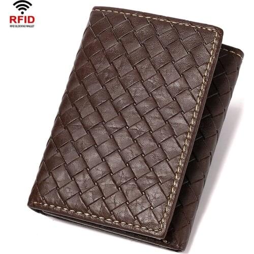 Men Genuine Leather Wallets Brand Woven Pattern Mens Wallets and Purses Credit Card Vintage Short Wallet